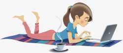 卡通热咖啡卡通插图趴着玩电脑的女孩喝咖啡高清图片