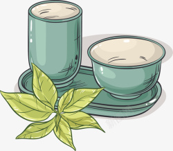 蓝色瓷盘子茶杯和茶叶矢量图高清图片