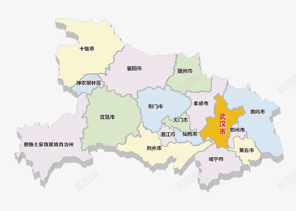 湖北地形图png免抠素材_新图网 https://ixintu.com 咸宁市 天门市 手绘 武汉市 蓝色的 黄色的