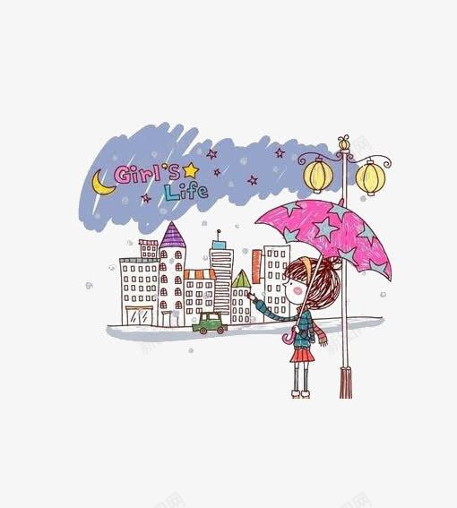 简单的小心情png免抠素材_新图网 https://ixintu.com 下雨 女孩 手绘 星星 春雨 绘画