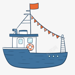 手绘渔业卡通手绘蓝色的渔船矢量图高清图片