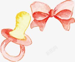 粉色婴儿车水彩水墨卡通婴儿用品蝴蝶结奶嘴高清图片