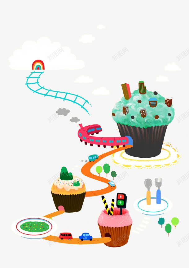 卡通创意蛋糕图png免抠素材_新图网 https://ixintu.com Q版小火车 创意的 卡通 手绘 插图 火车 蛋糕 轨道 食物