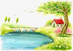 卡通青池塘风景矢量池塘边的红色房屋高清图片