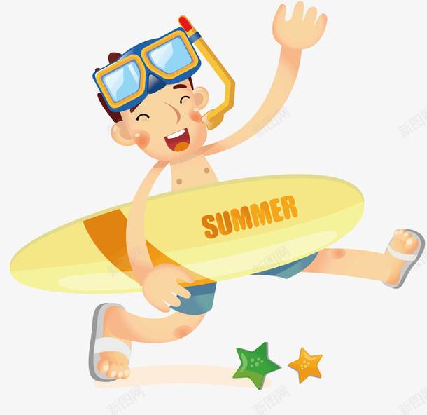 准备滑翔的人png免抠素材_新图网 https://ixintu.com 夏天 海星 游泳镜 白色的拖鞋 绿色 黄色 黄色的滑翔板