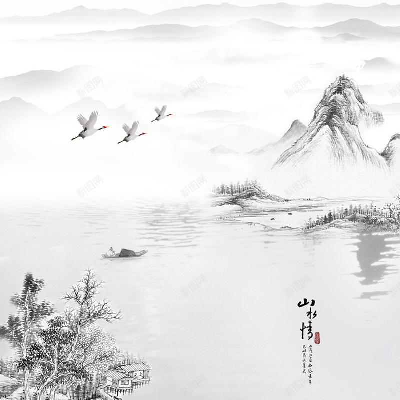 中国风山水画背景图psd设计背景_新图网 https://ixintu.com 中国风 山水画 海报 画册 白色 背景图