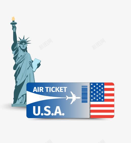 美国飞机票png免抠素材_新图网 https://ixintu.com 世界建筑 卡通建筑 卡通飞机票 城市建筑 彩色 自由女神像 都市建筑