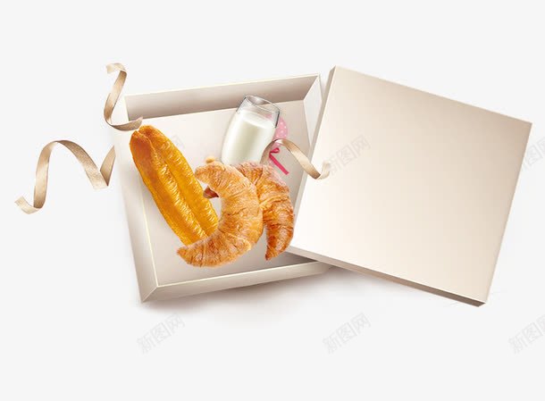盒子里的食物png免抠素材_新图网 https://ixintu.com 油条 牛奶 牛角面包 素净礼盒