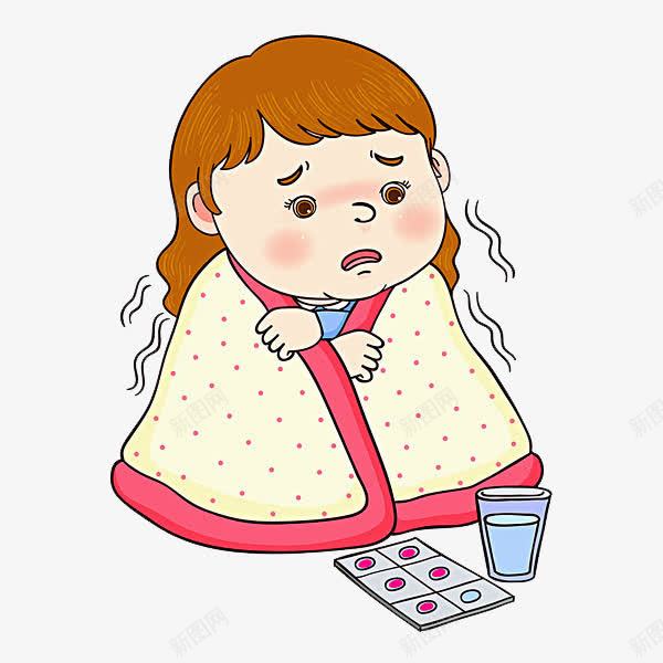 发烧的女孩png免抠素材_新图网 https://ixintu.com 卡通 发冷 发烧的 小女孩 手绘 简笔 药片 被子