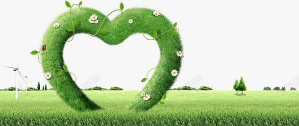 绿色植物心形元素png免抠素材_新图网 https://ixintu.com 创意 心形 花园洋房 草地 风车