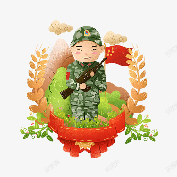 com 軍人 動漫動畫 卡通手繪 建軍節 植物 綠葉 裝飾圖