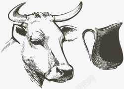 手绘素描奶牛新鲜牛奶罐素材