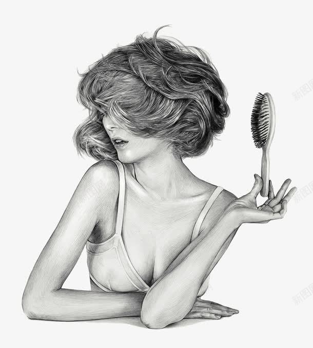 按摩梳png免抠素材_新图网 https://ixintu.com 头发 手绘女性 桑拿女 梳子 素描 铅笔画