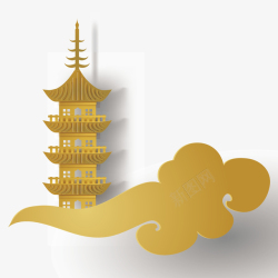 手绘寺庙金色云朵建筑装饰矢量图高清图片