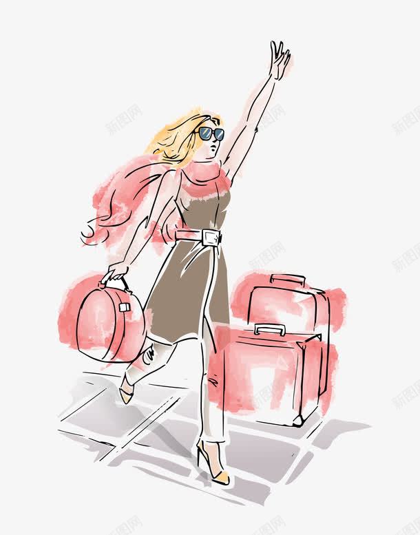 拖着行李走png免抠素材_新图网 https://ixintu.com 假期 墨镜 夏天 女孩 年轻 很多行李箱 快乐 手提包 旅游 旅行 行李 行走的人 长发