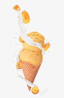 蛋筒水果冰淇淋创意牛奶中的黄桃蛋筒高清图片