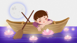 船上的女孩卡通手绘中元节坐在船上睡觉高清图片