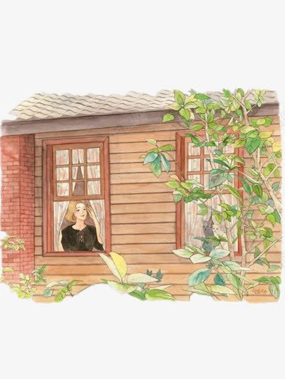 从窗户向外眺望的女孩png免抠素材_新图网 https://ixintu.com 住宅 房子 插画 树叶 风景