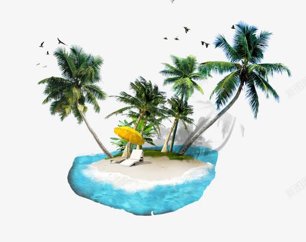 沙滩岛屿psd免抠素材_新图网 https://ixintu.com 坐躺椅子 树 椰子 白色 蓝色 躺椅