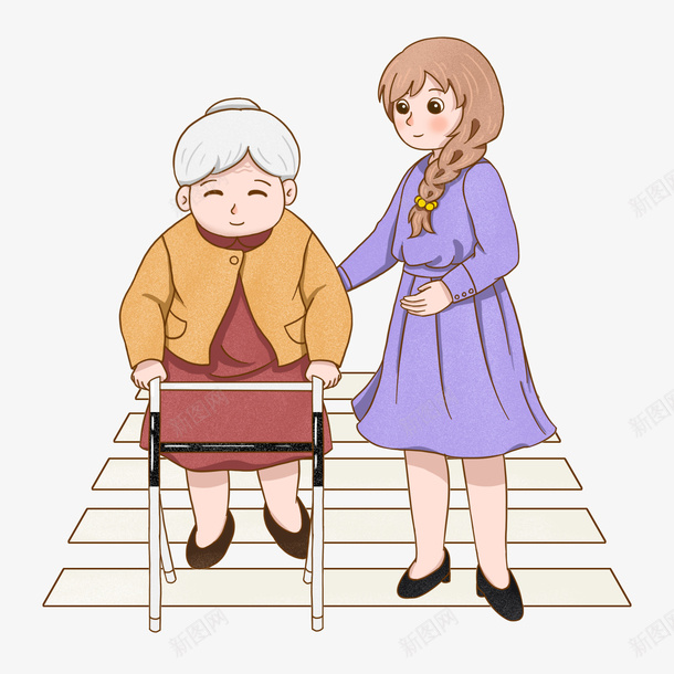 扶老奶奶过马路png免抠素材_新图网 https://ixintu.com 元素 助人为乐 手绘 扶老人过马路 扶老奶奶过马路 扶起摔倒的老奶奶 白发女人 老母亲 马路