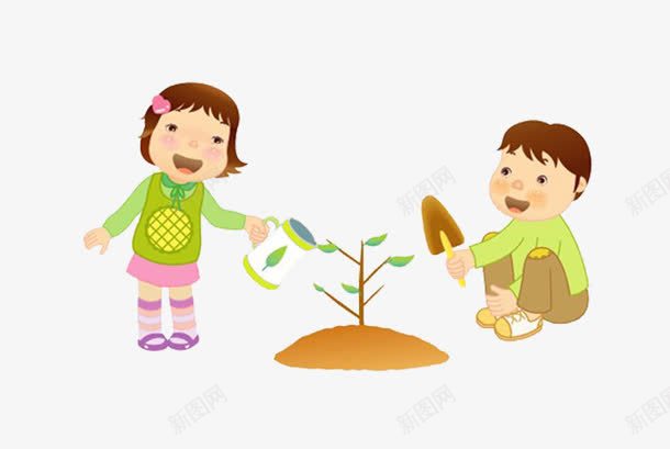 卡通小孩种树png免抠素材_新图网 https://ixintu.com 树苗 植树 浇水 种树