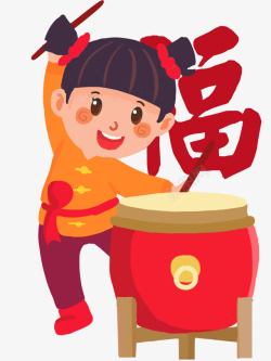 中国鼓卡通新年敲威风锣鼓小女孩高清图片
