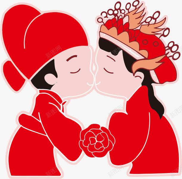 亲吻的新郎新娘png免抠素材_新图网 https://ixintu.com 剪纸 卡通 帽子 手绘 捧花 新娘 新郎 红色 结婚