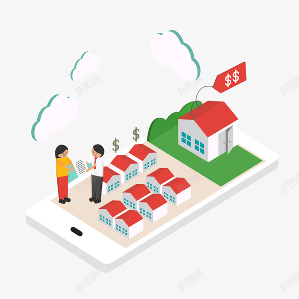 房地产公司png免抠素材_新图网 https://ixintu.com 客人 房地产 房子 红色房顶 货币符号 销售人员