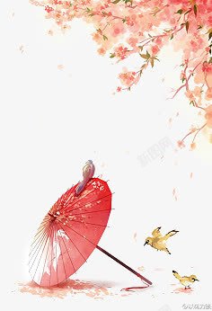 古风雨伞花朵小鸟素材