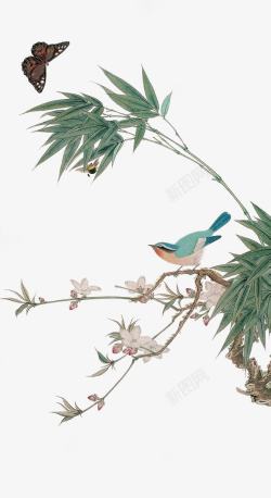 彩绘小鸟在枯树上竹子蝴蝶小鸟彩绘高清图片