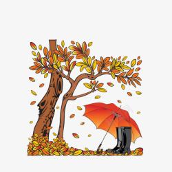 遮伞在落叶树下的伞和鞋子高清图片