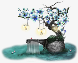 灯塔手绘手绘小桥鲜花树木树枝灯塔高清图片