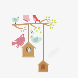 木质小房子卡通手绘小鸟的房子高清图片