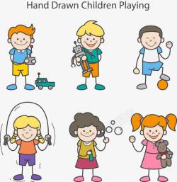 玩跳绳手绘卡通玩耍的孩子高清图片