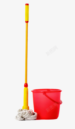 地拖桶红色拖桶和黄色拖把清洁用品实物高清图片