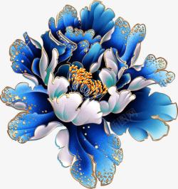 蓝色花卉手绘牡丹中秋素材