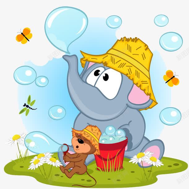 大象与老鼠png免抠素材_新图网 https://ixintu.com 休闲 动物 卡通 吹泡泡 和谐 大象 大象鼻子 娱乐 手绘 老鼠 老鼠生日 草丛 草地