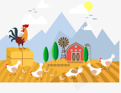 彩绘公鸡装饰画彩绘牧场矢量图高清图片