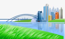 平面草原素材卡通手绘草原江岸上城市桥梁风景高清图片