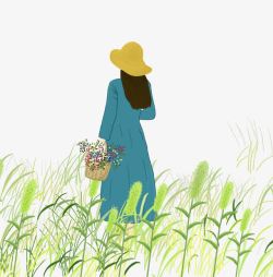 野草麦穗手绘春日踏青采花的女孩背影插画高清图片