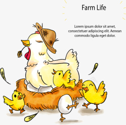 彩绘农场鸡窝里的母鸡和鸡仔素材