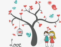 卡通爱心树与情侣素材