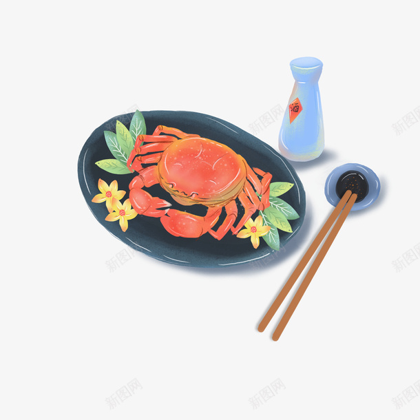 手绘食物蟹肉和酒png免抠素材_新图网 https://ixintu.com 下酒菜 大螃蟹 美味食物 蘸酱油 蟹肉 酒