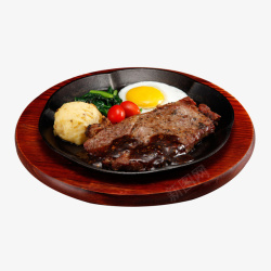 年糕铁板沙朗牛排红木盘沙朗牛排西餐食品高清图片