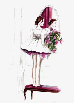 裙子镜子玫瑰免扣素材照镜子的女人高清图片