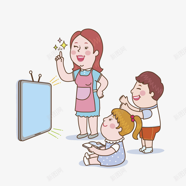 看电视的孩子png免抠素材_新图网 https://ixintu.com 专心的 卡通 小孩 插图 母亲 游戏 电视 高兴地