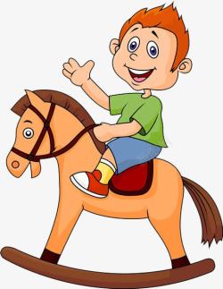 骑马的男孩手绘卡通人物坐在马上打招呼的图高清图片