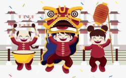 传统的东方中国娃娃舞龙舞狮矢量图高清图片