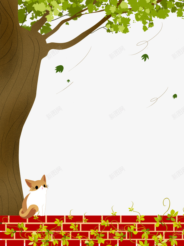 卡通树下发呆的猫png免抠素材_新图网 https://ixintu.com 卡通 围墙 树下发呆的猫 树叶装饰 绿色植物 藤蔓