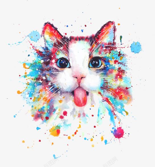 水彩猫咪png免抠素材_新图网 https://ixintu.com 卡通 可爱 吐舌头 彩色 手绘 水彩 猫咪 装饰